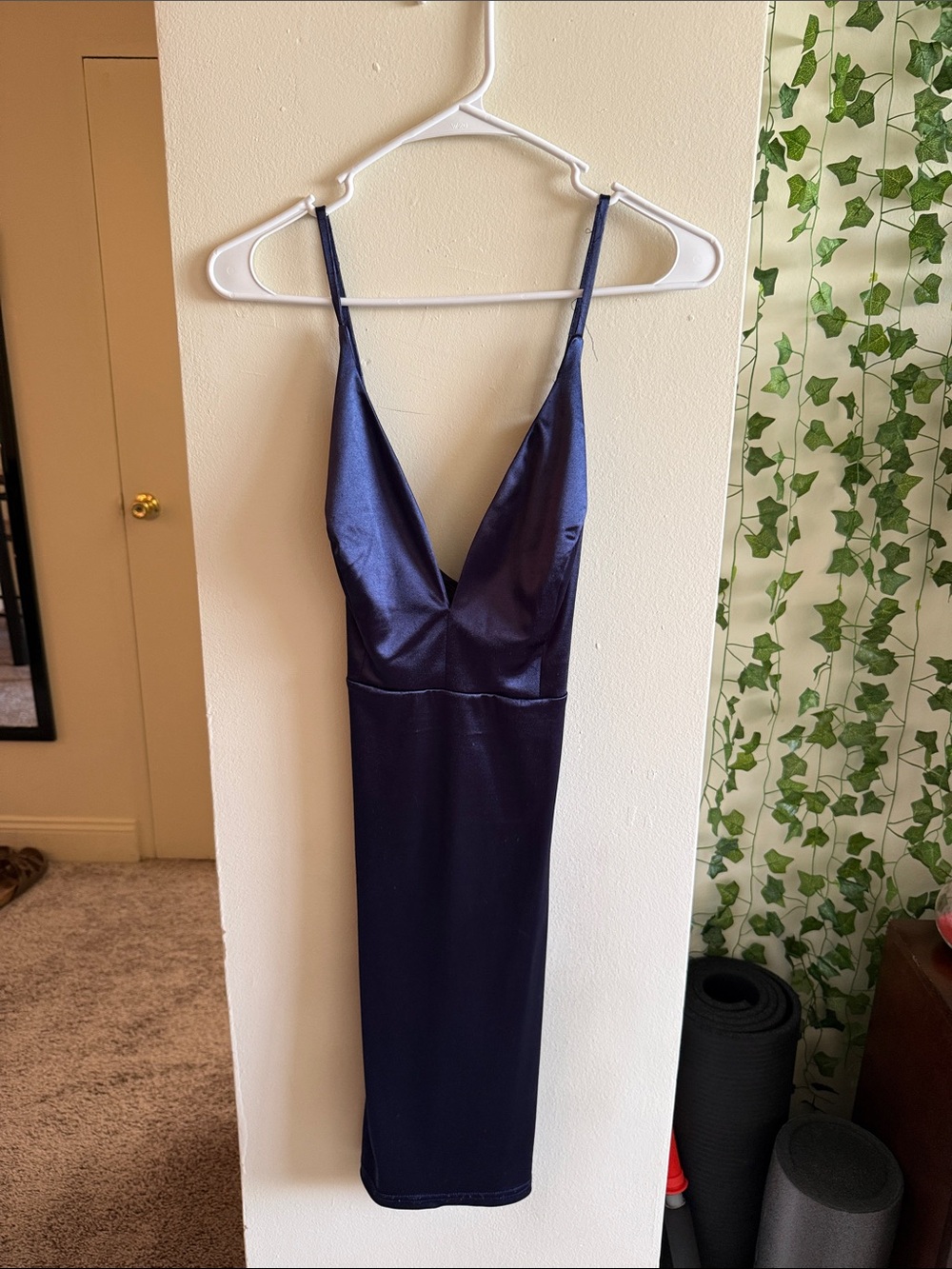 Satin Deep Blue Spaghetti-Strap Midi Dress